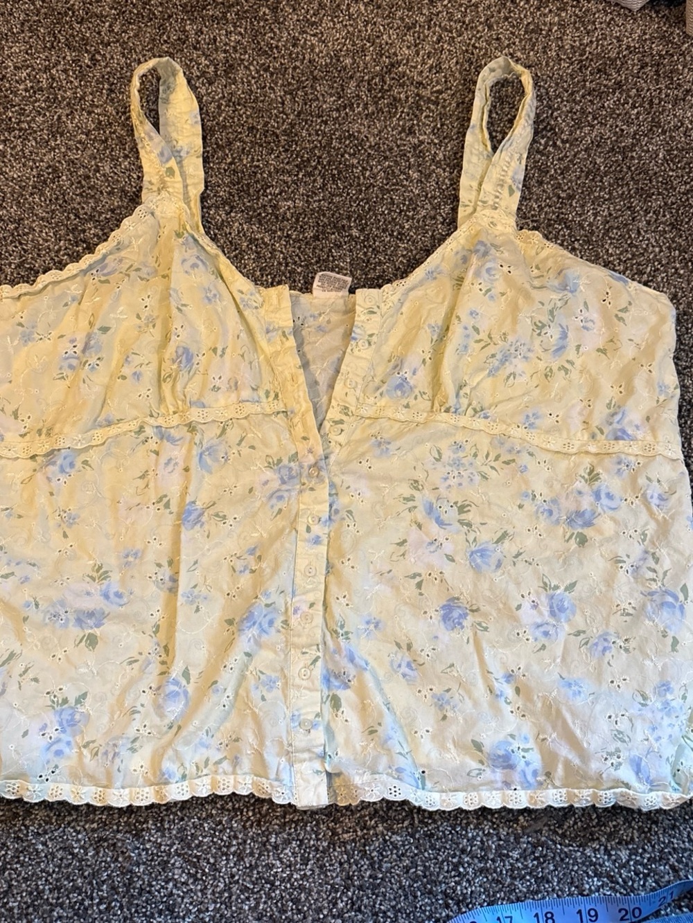 High Sierra Yellow Floral Eyelet Button Cami with Blue Flowers